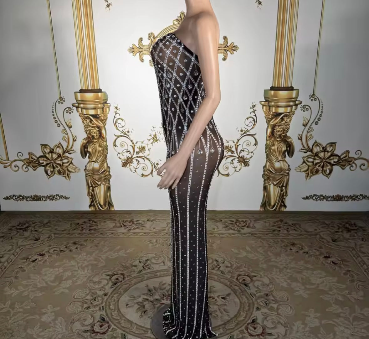 Black Sexy Strapless Rhinestone Embellishment Maxi Dress