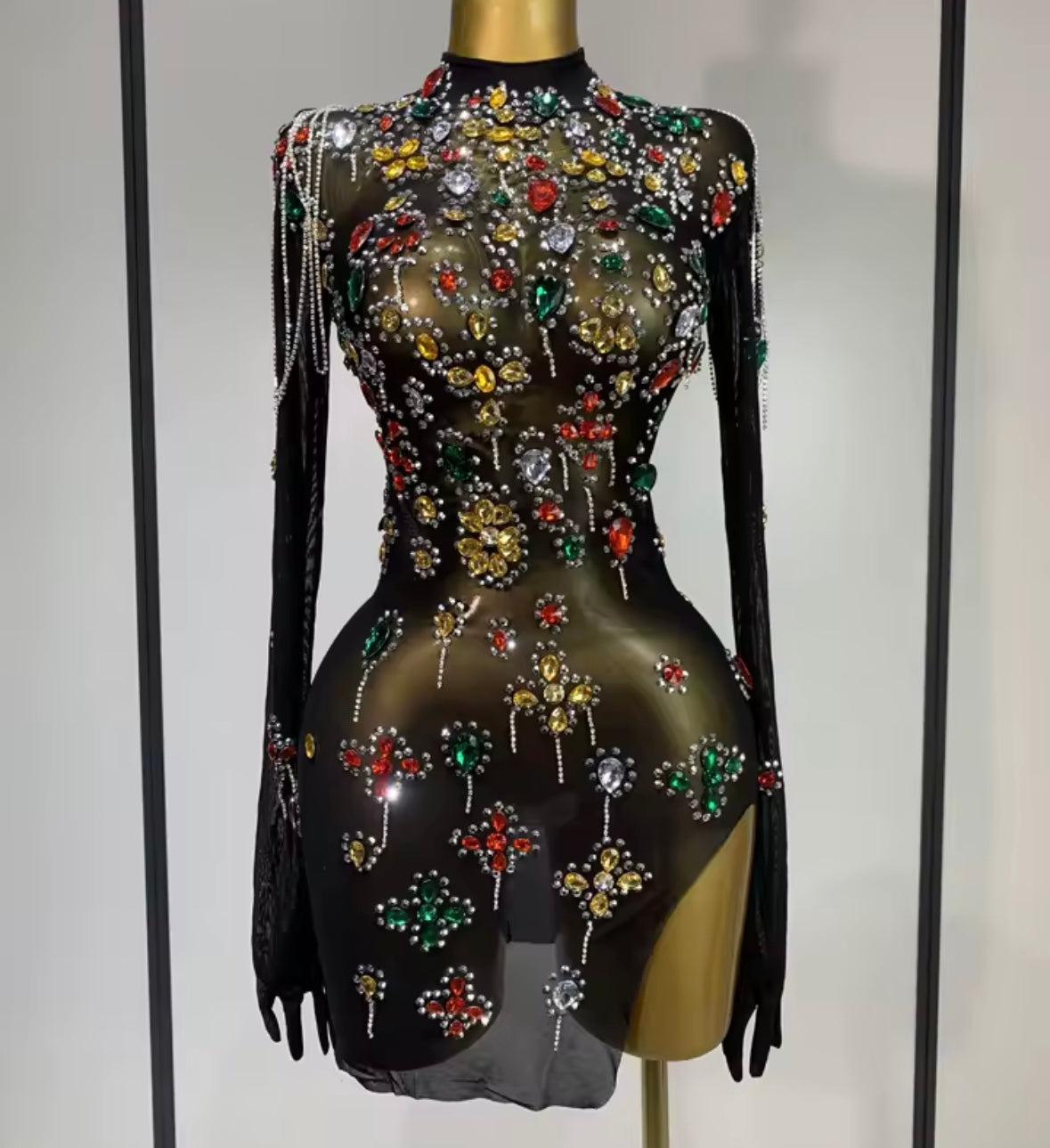 Sexy Black Crystal Rhinestone Chain Glove Full Sleeve Dress