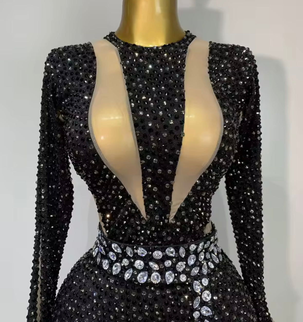 Sexy Black Sparkly Rhinestone Full Sleeve Jumpsuit