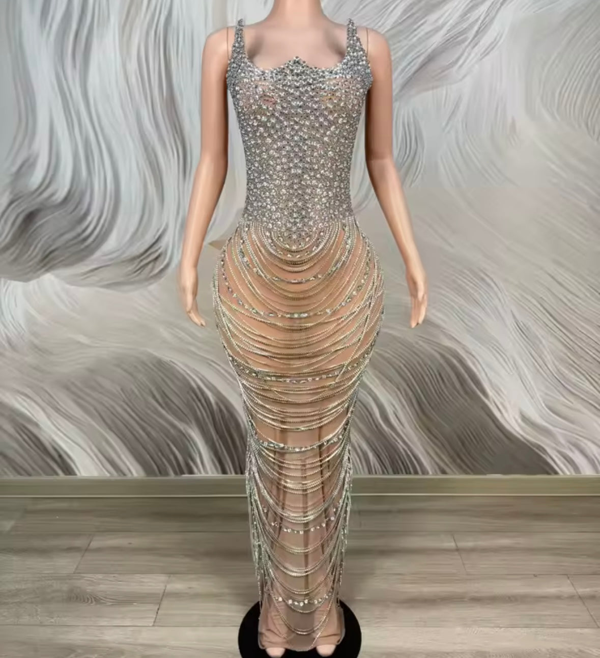 Sexy Sleeveless Rhinestone Chain See Through Maxi Dress