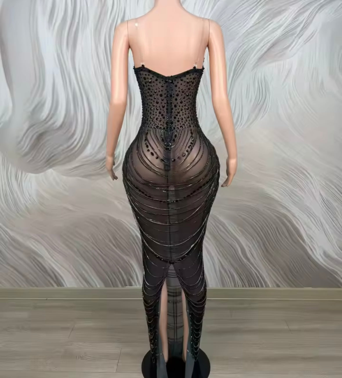 Sexy Rhinestone Strapless Chain Tassel Maxi Dress