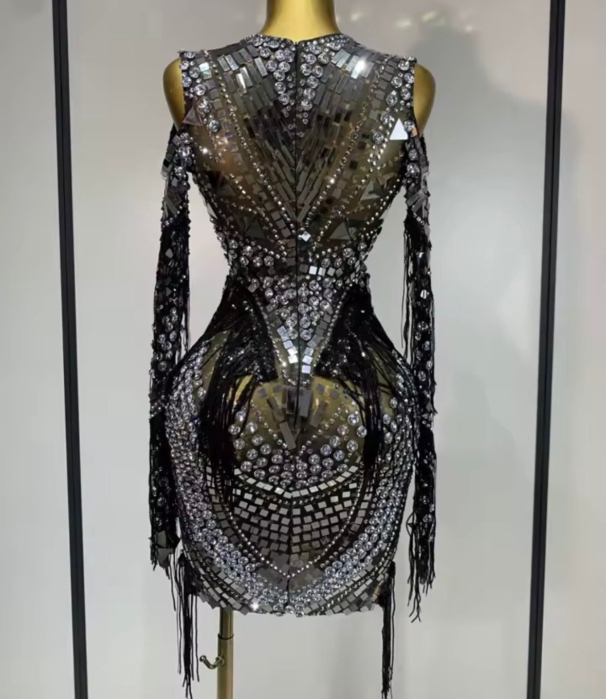 Sexy Rhinestone Mirror Full Sleeve Fringe Dress