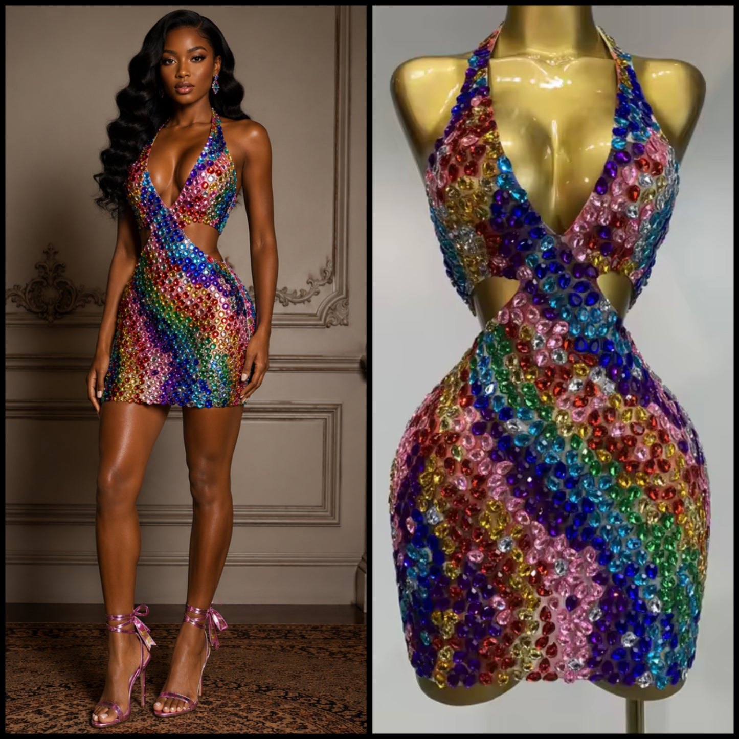 Sexy Halter Sleeveless Multicolored Rhinestone Dress