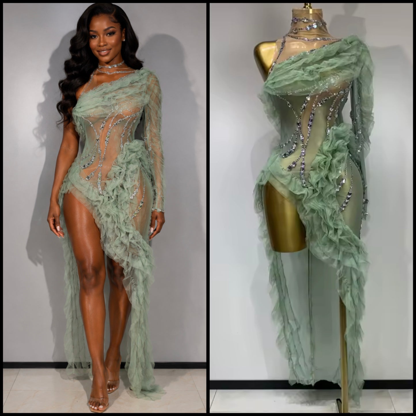 Sexy Green One Shoulder Ruffled Rhinestone See Through Dress