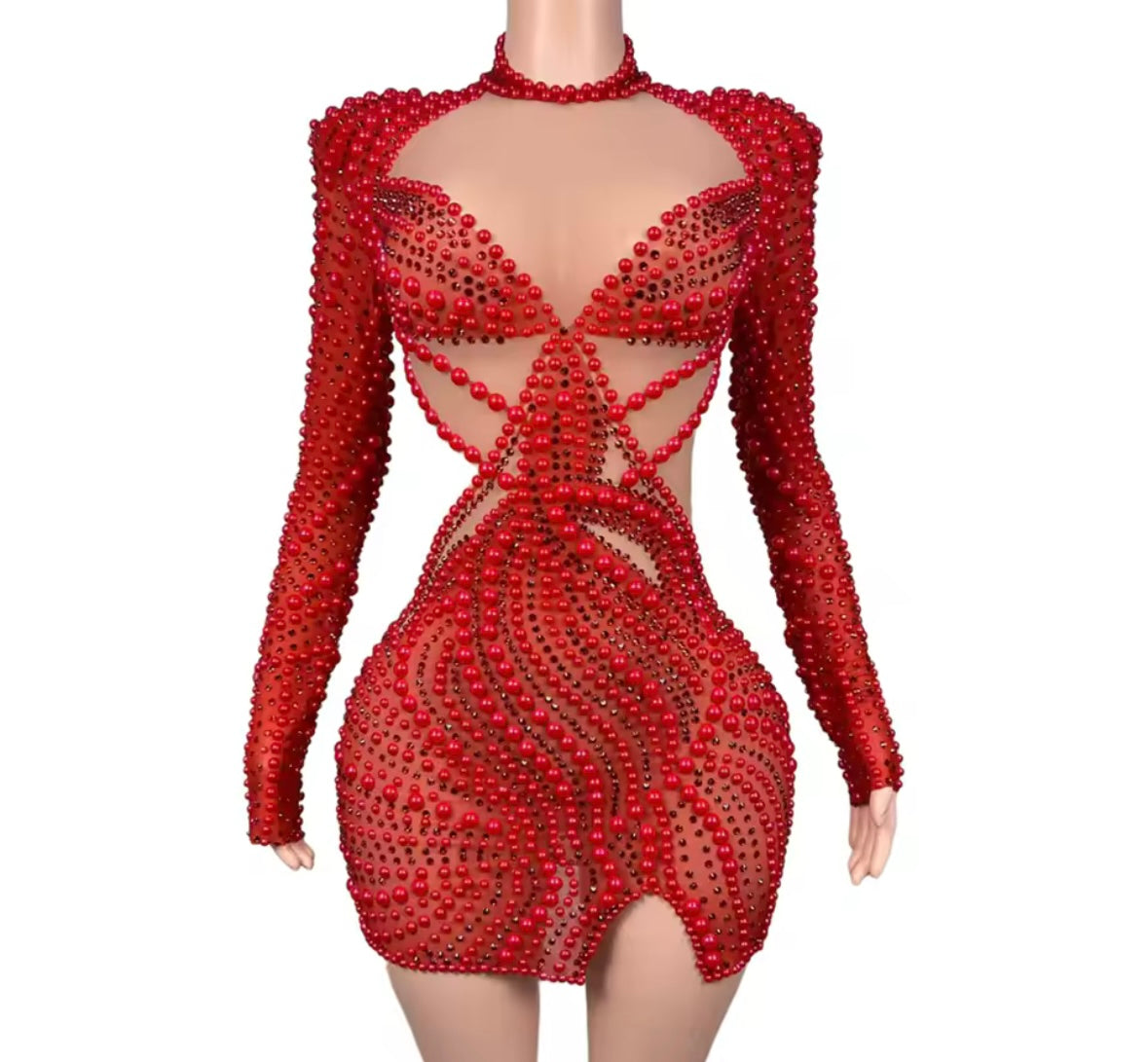 Red Sexy Beaded Rhinestone Full Sleeve Dress