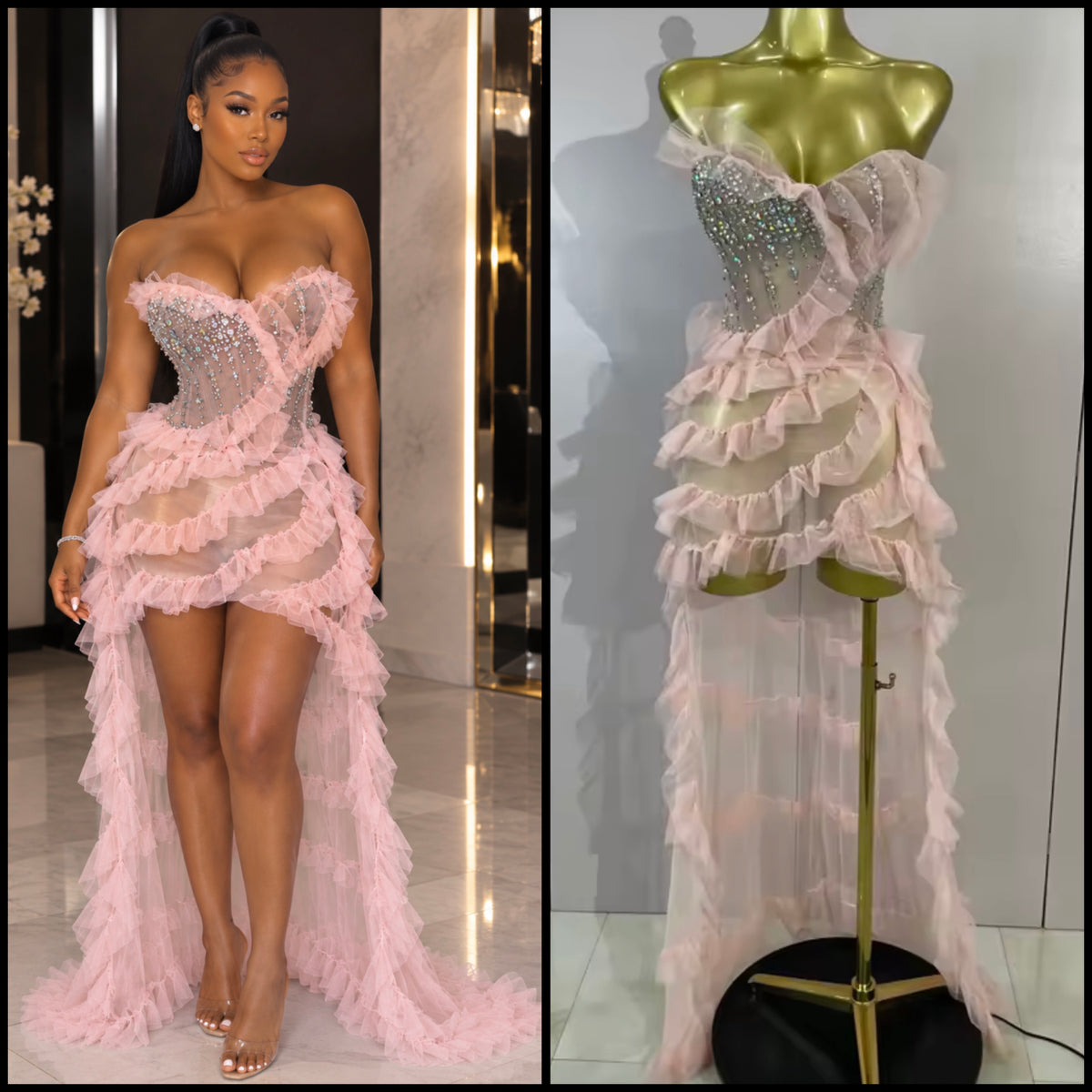 Pink Strapless Sexy Rhinestone Ruffle Asymmetrical Dress