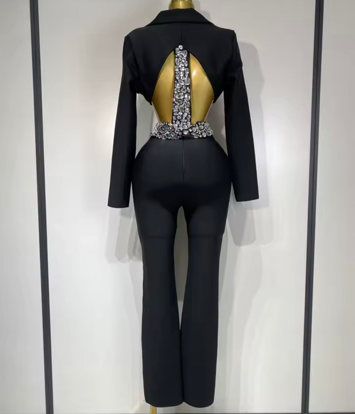 Sexy Crystal Beaded Embellished Band Blazer Two Piece Pant Set