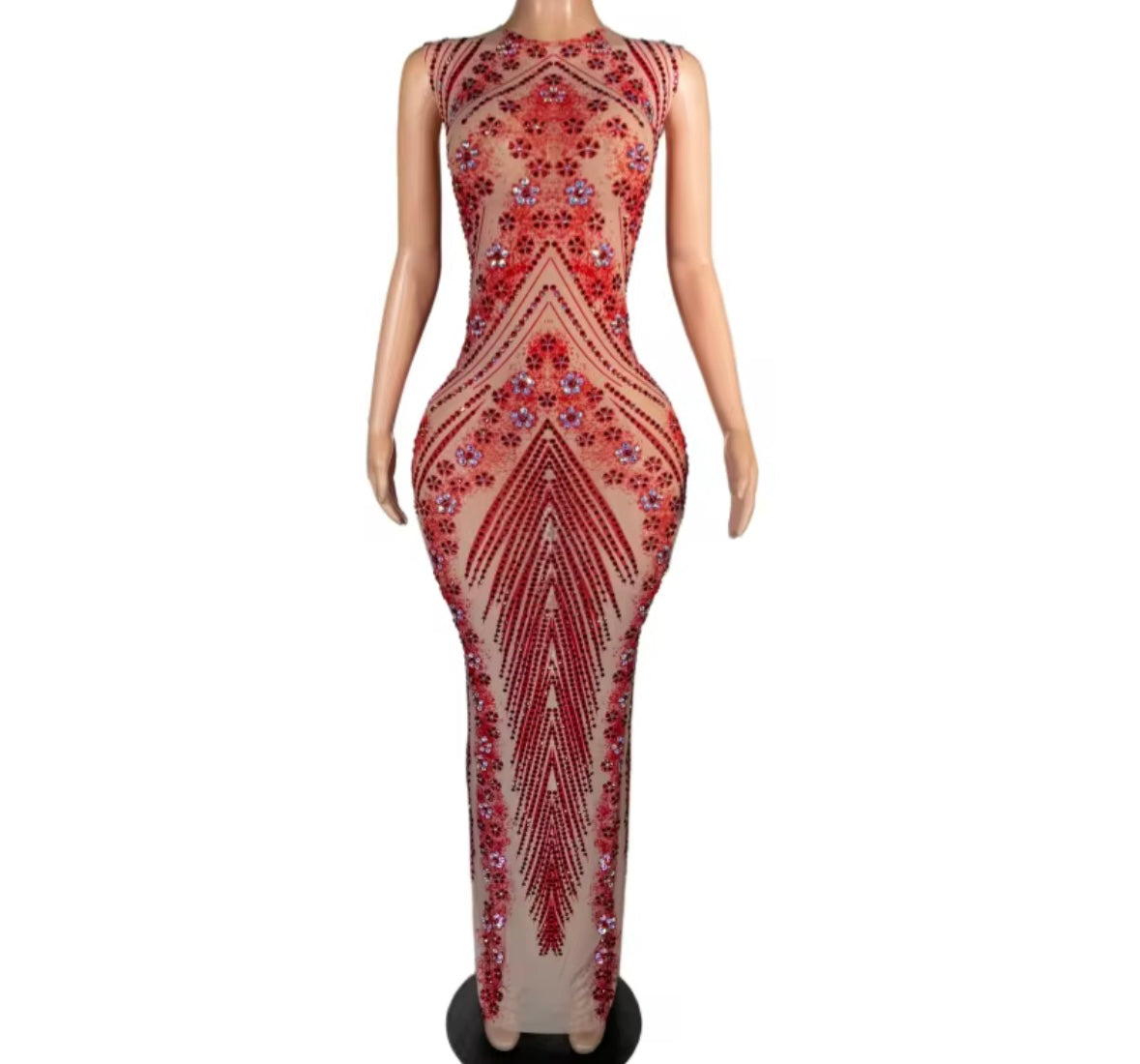 Sexy Sleeveless Floral Rhinestone Embellishment Maxi Dress