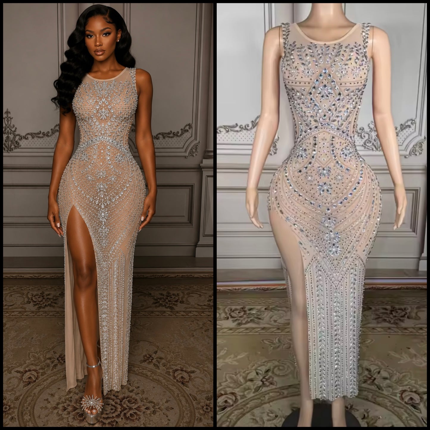 Rhinestone Embellishment Sexy Sleeveless Side Split Maxi Dress