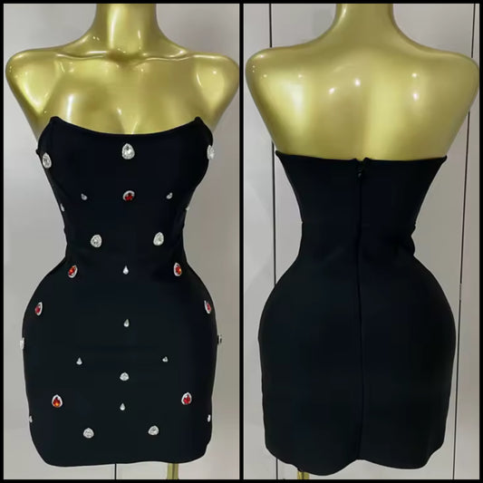 Sexy Black Strapless Color Crystal Short Dress