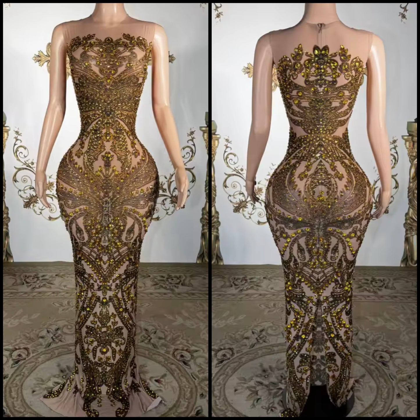 Sexy Sleeveless Gold Rhinestone Embellishment Maxi Dress