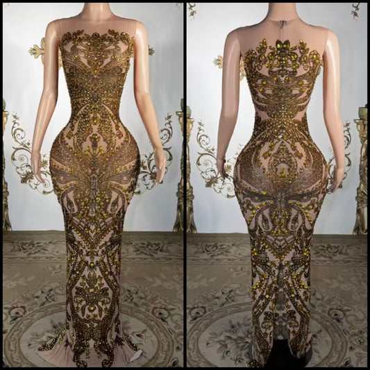 Sexy Sleeveless Gold Rhinestone Embellishment Maxi Dress
