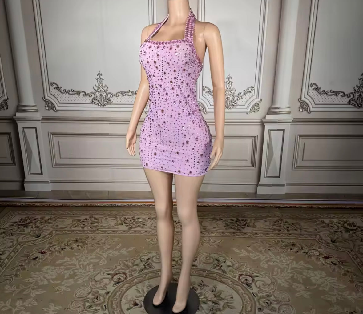 Sexy Pink Halter Sleeveless Crystal Short Dress
