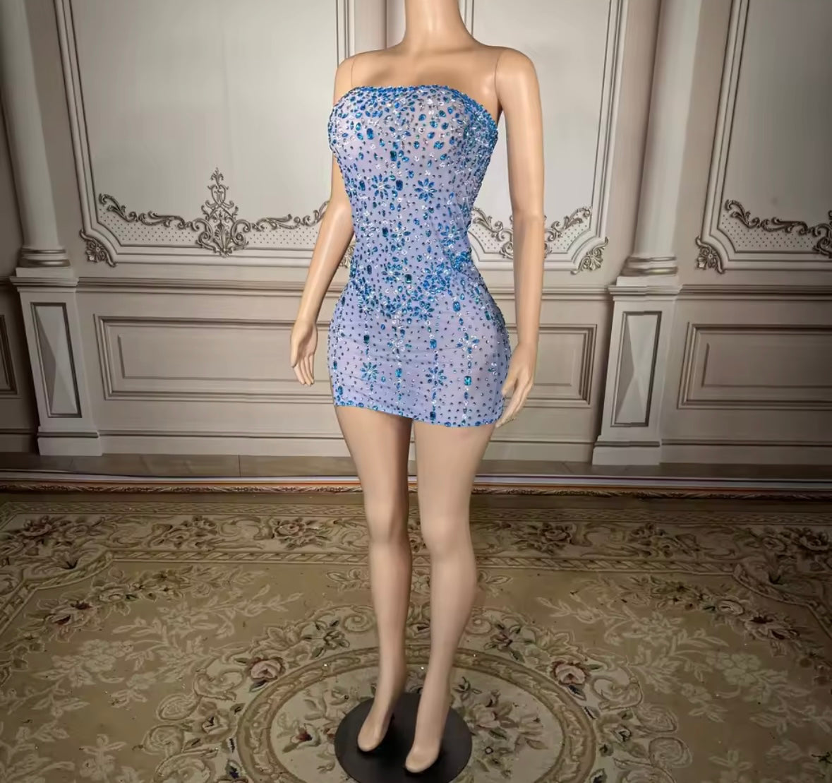 Sexy Blue Strapless Rhinestone Embellishment Short Dress