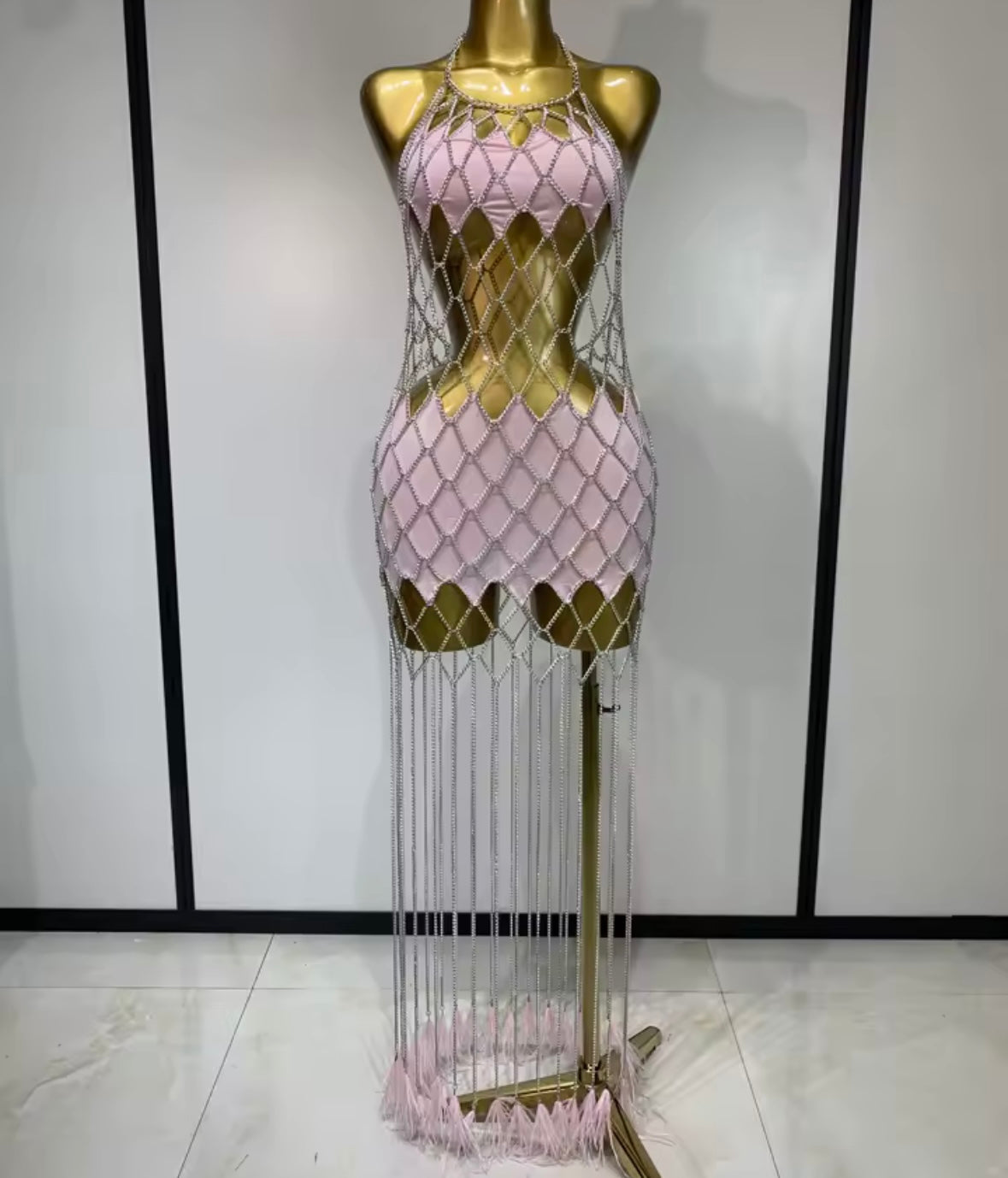 Sexy Pink Halter Sleeveless See Through Chain Tassel Dress