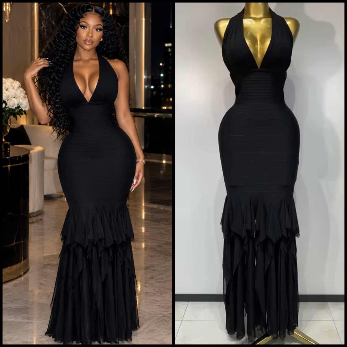 Black Sexy Halter Sleeveless Ruffled Maxi Dress