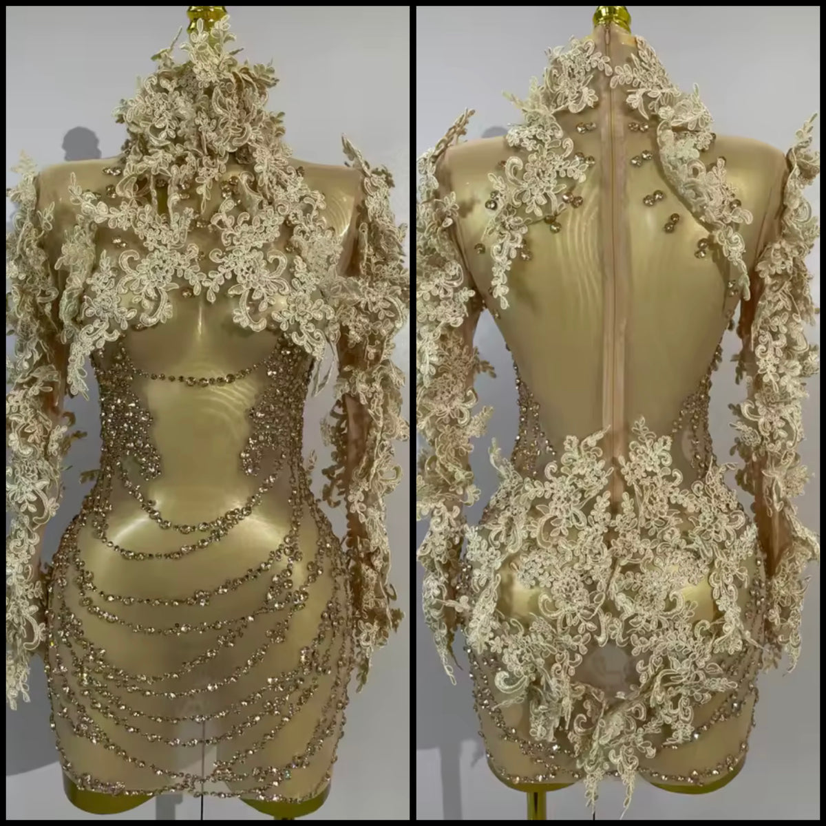 Sexy Lace Sequins Rhinestone See Through Dress