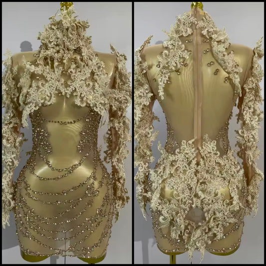 Sexy Lace Sequins Rhinestone See Through Dress