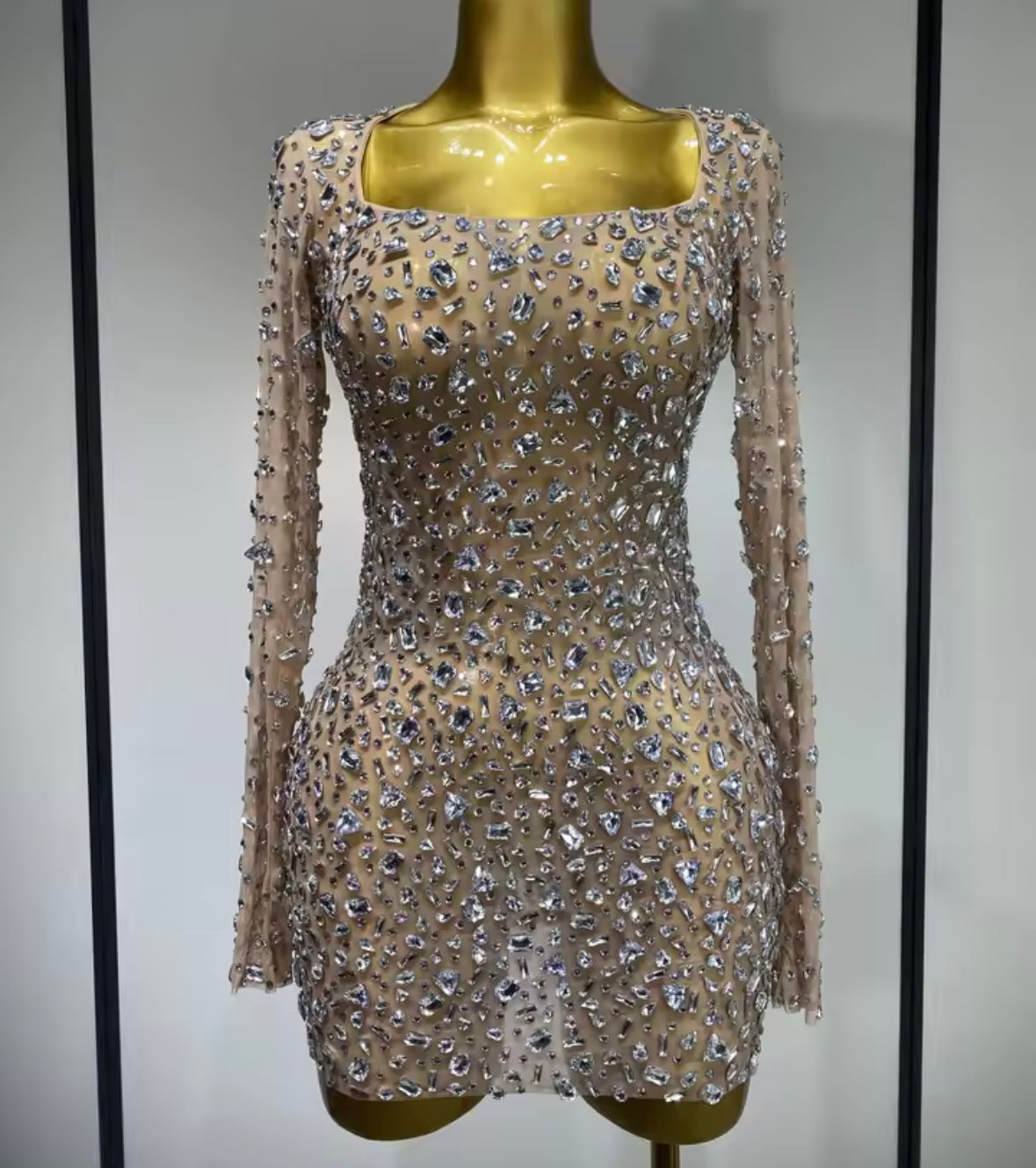 Sexy See Through Crystal Full Sleeve Short Dress