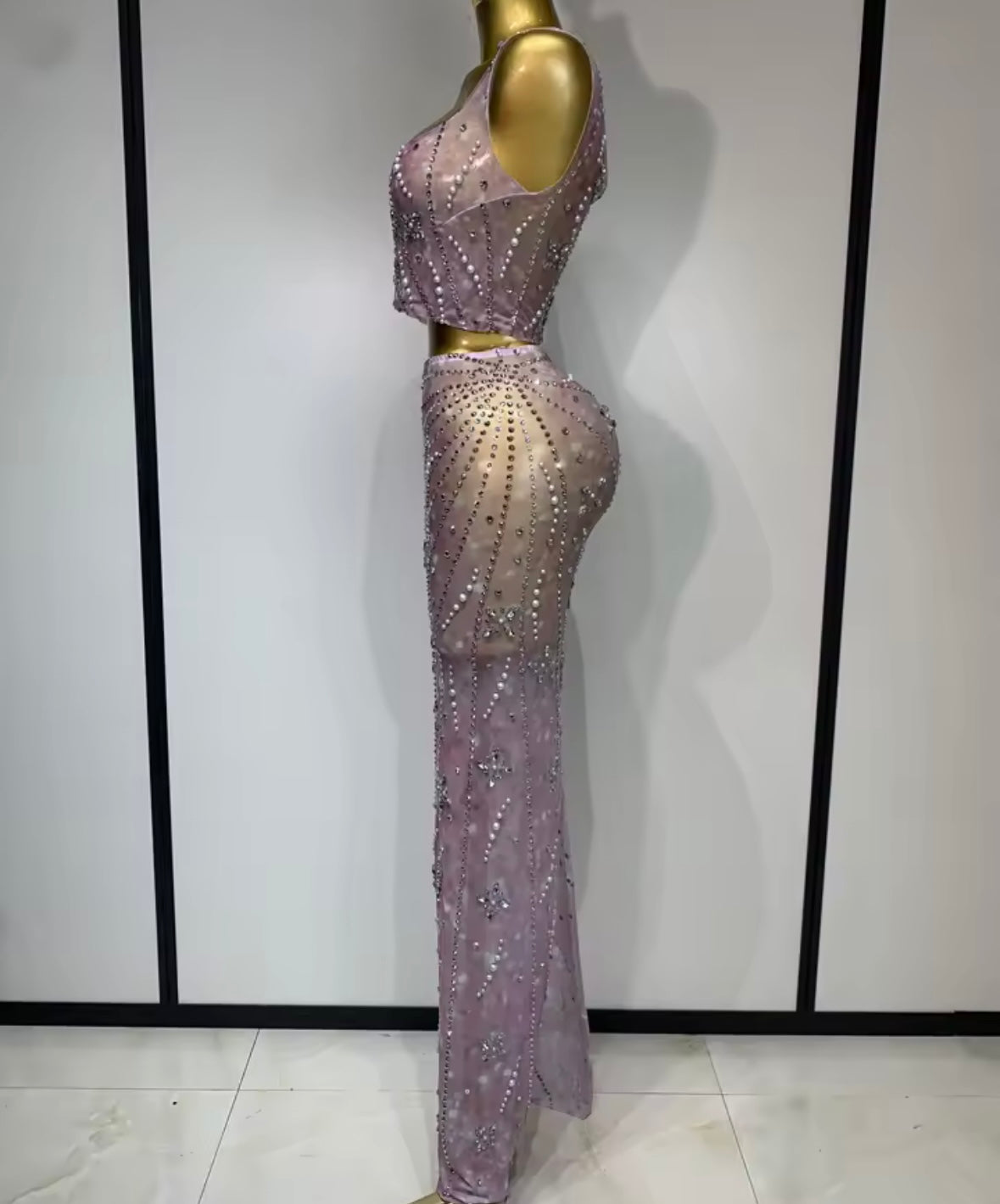 Sexy Sleeveless Rhinestone Beaded Two Piece Maxi Skirt Set