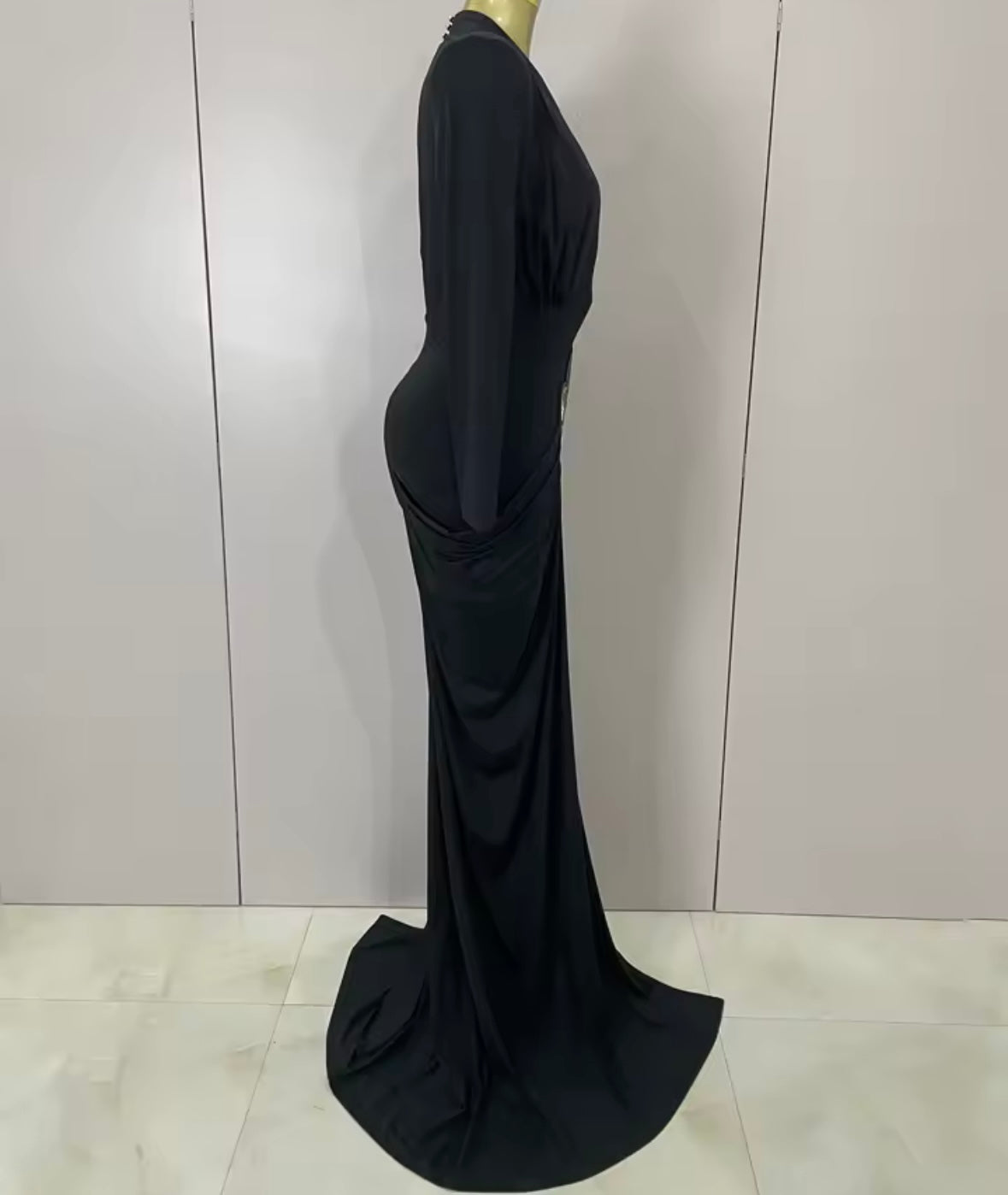 Sexy Black Deep V-Neck Full Sleeve Beaded Maxi Dress