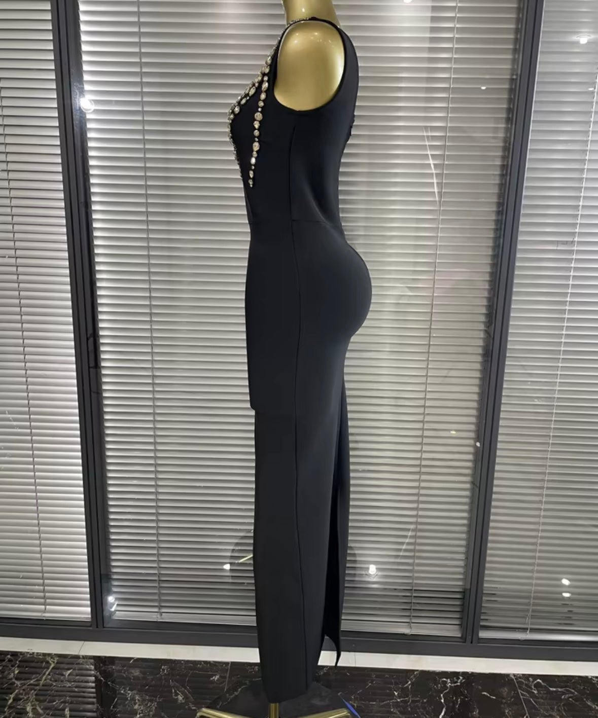 Sexy Black Rhinestone One Shoulder Sleeveless Maxi Dress
