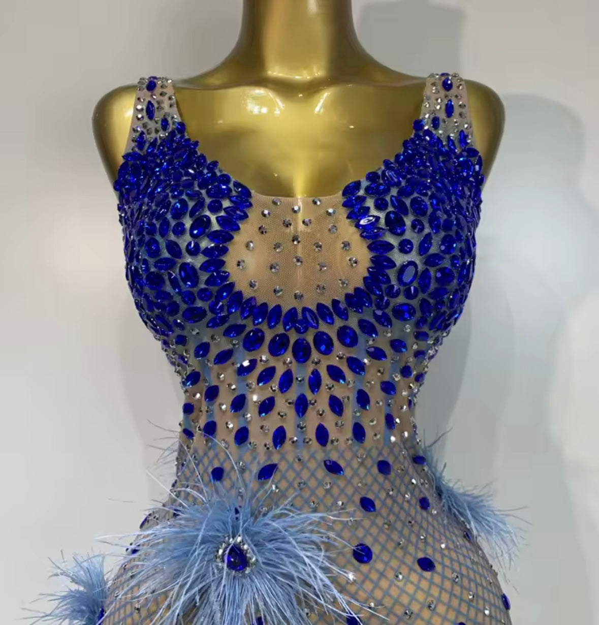 Sexy Sleeveless See Through Blue Rhinestone Feather Dress