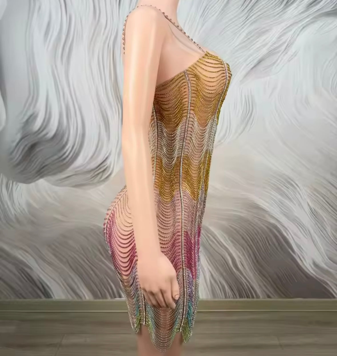 Sexy Sleeveless Multicolored Rhinestone Chain Dress