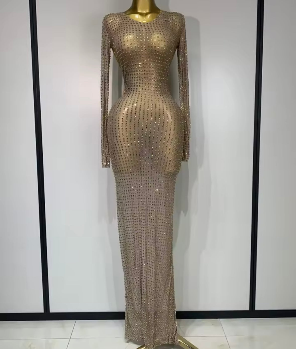 Sexy See Through Full Sleeve Rhinestone Floor-Length Dress