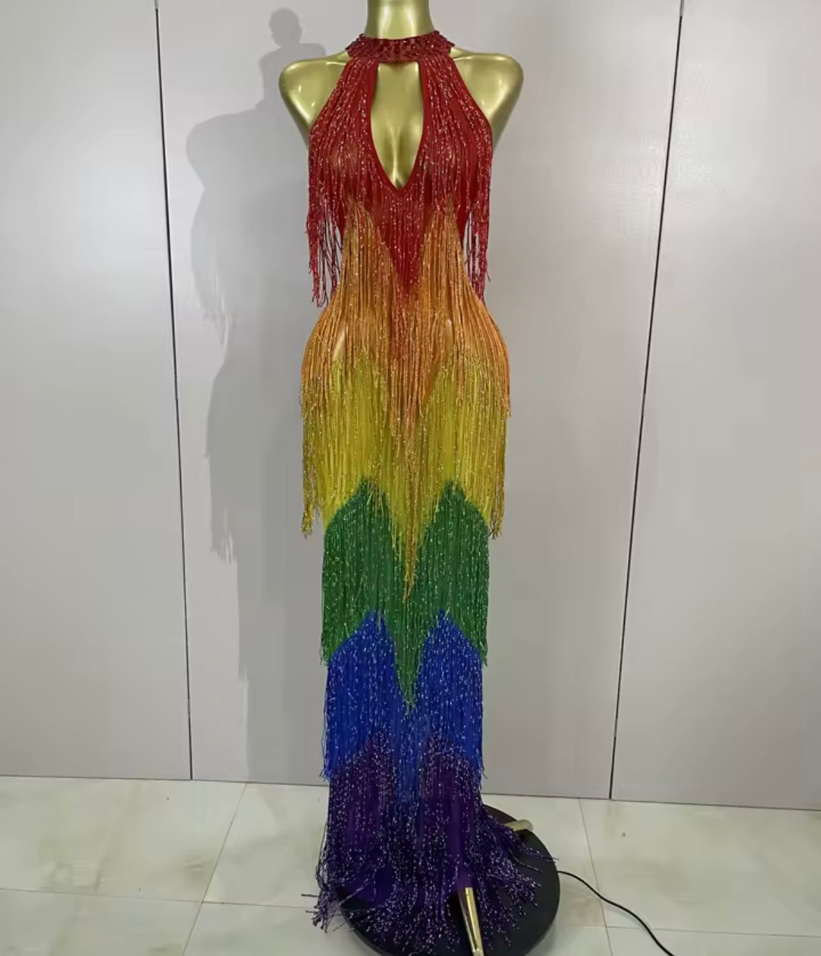 Sexy Halter Sleeveless Colorful Rhinestone Fringe Tassel Maxi Dress
