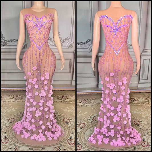 Pink Floral Rhinestone Sexy Sleeveless See Through Maxi Dress
