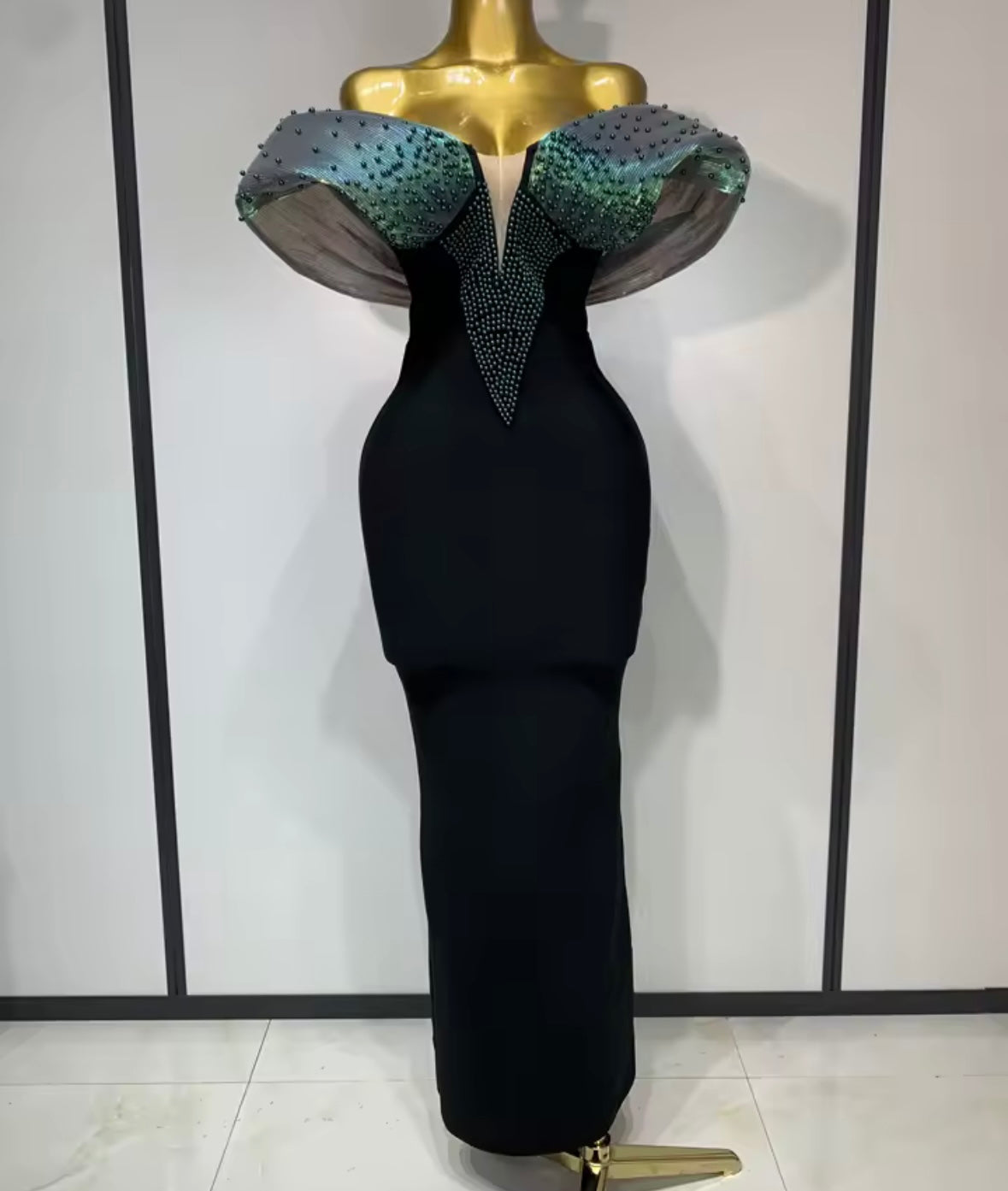 Black Elegant Off The Shoulder Beaded Floor-Length Dress