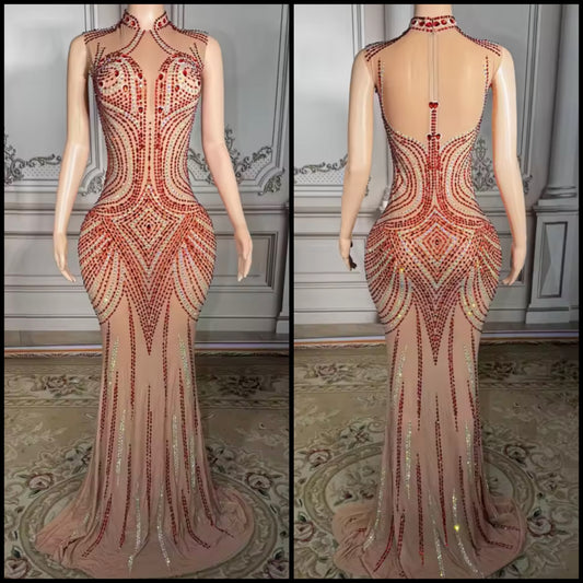 Sexy Sleeveless See Through Red Rhinestone Floor-Length Dress