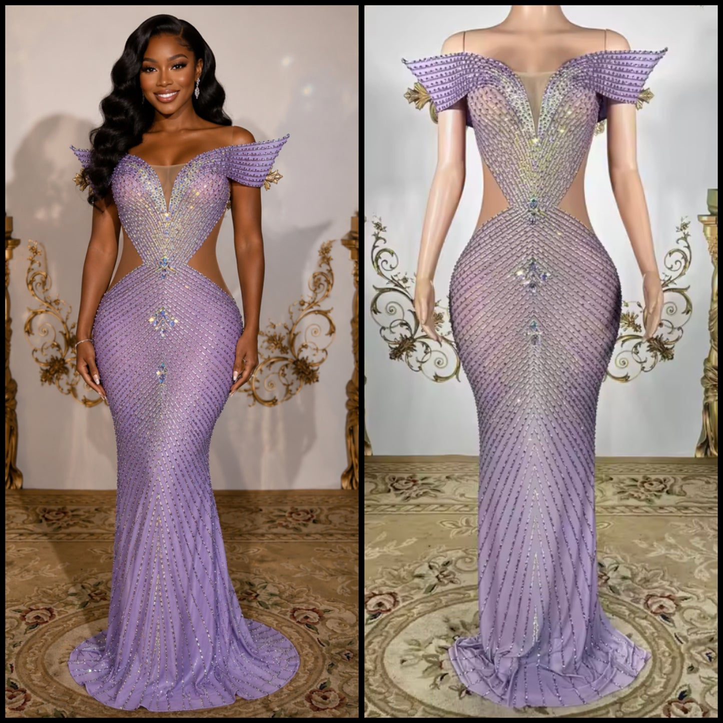 Purple Elegant Off The Shoulder Rhinestone Floor-Length Dress