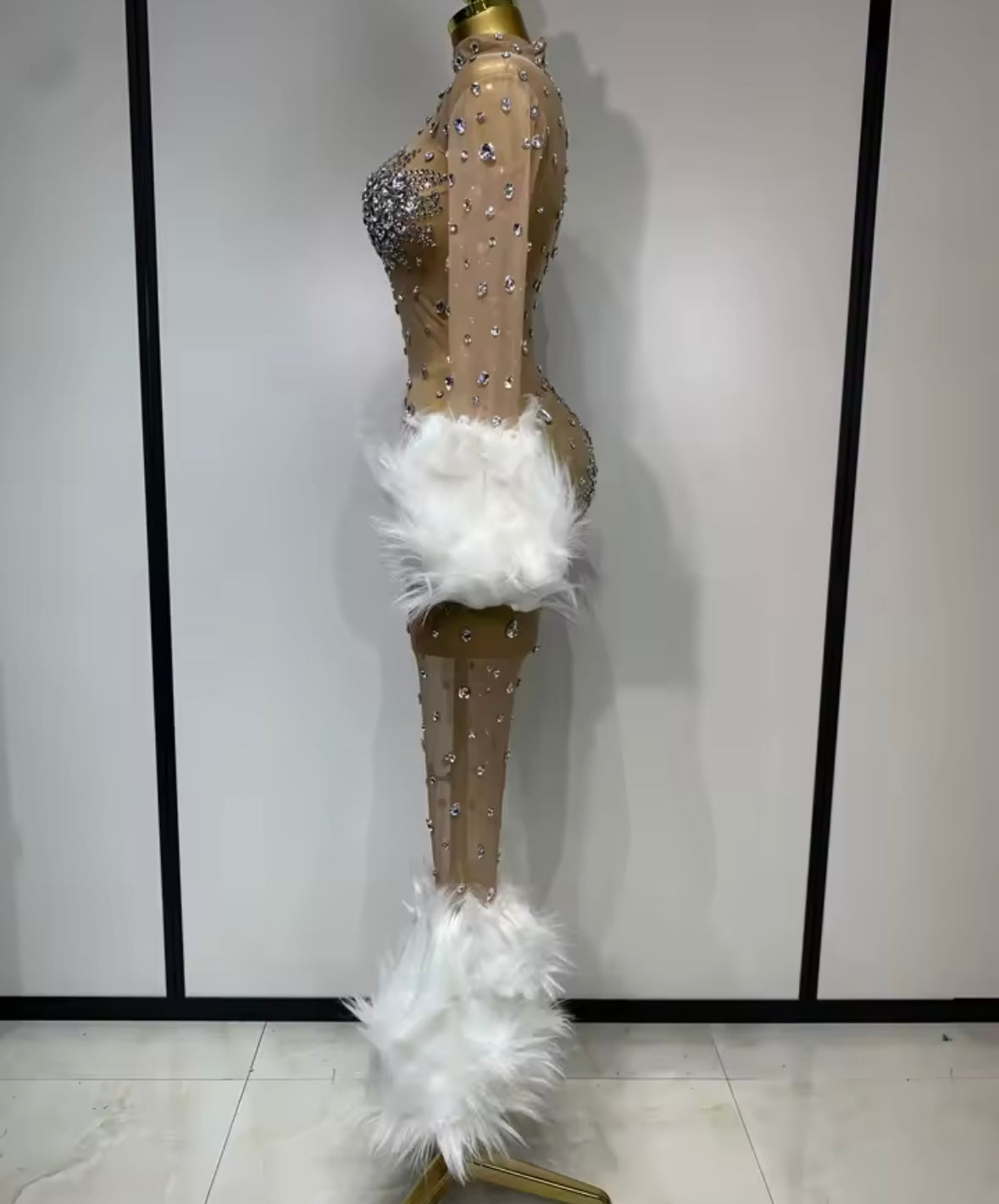 Rhinestone Feather Full Sleeve Sexy Mesh Jumpsuit