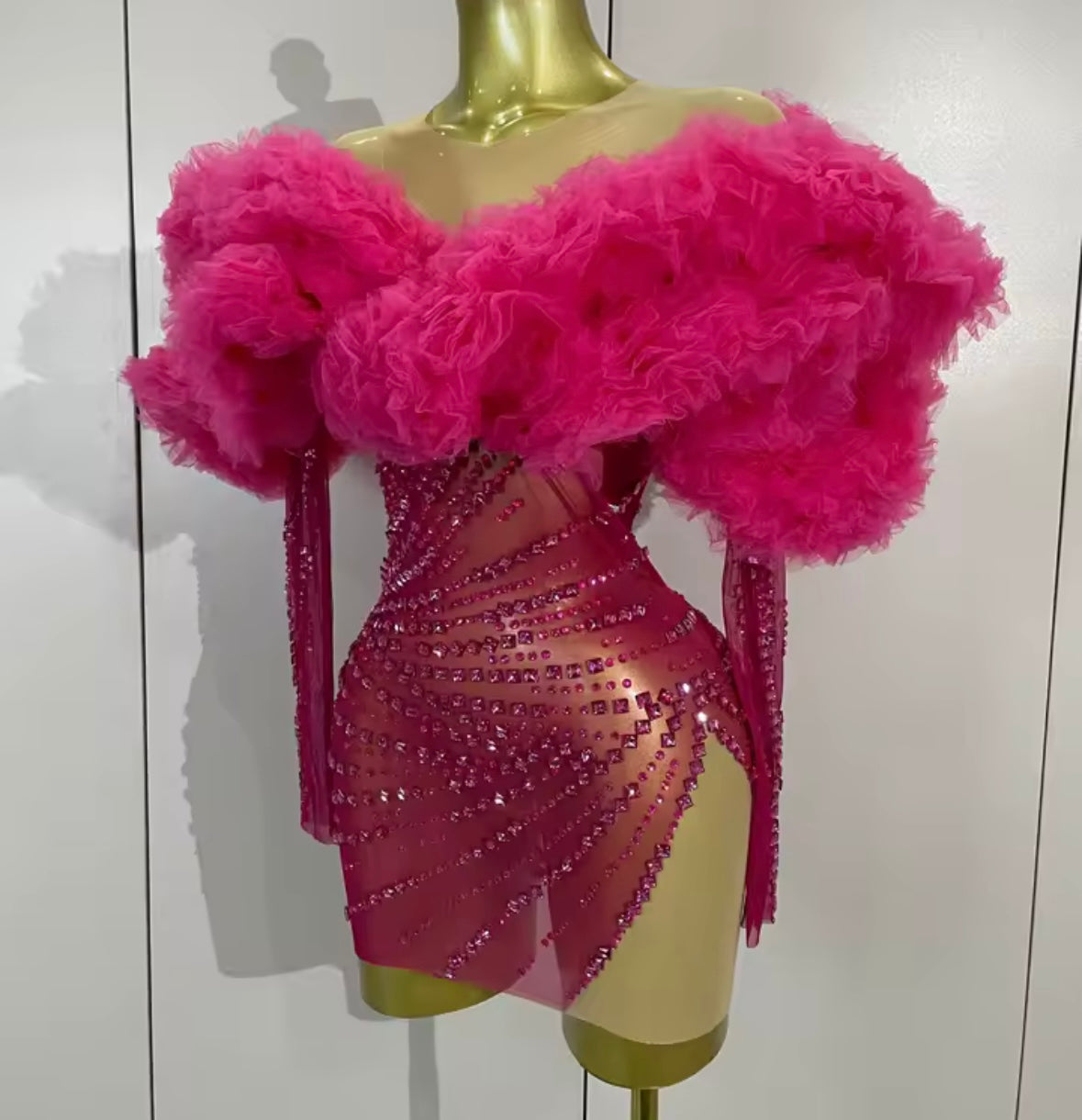 Pink Ruffle Off The Shoulder Sexy Rhinestone Dress