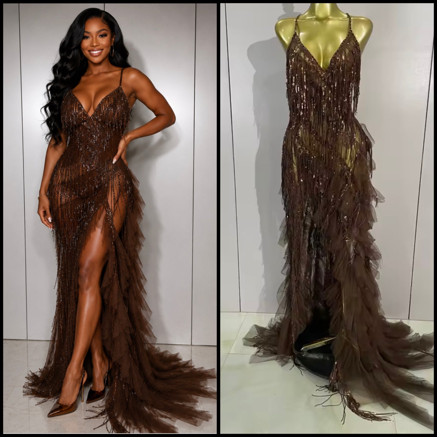 Sexy Sleeveless Open Back Fringe Tassel Rhinestone Maxi Dress