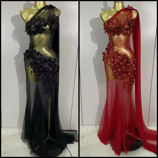 Floral One Shoulder Sleeveless Sexy See Through Maxi Dress