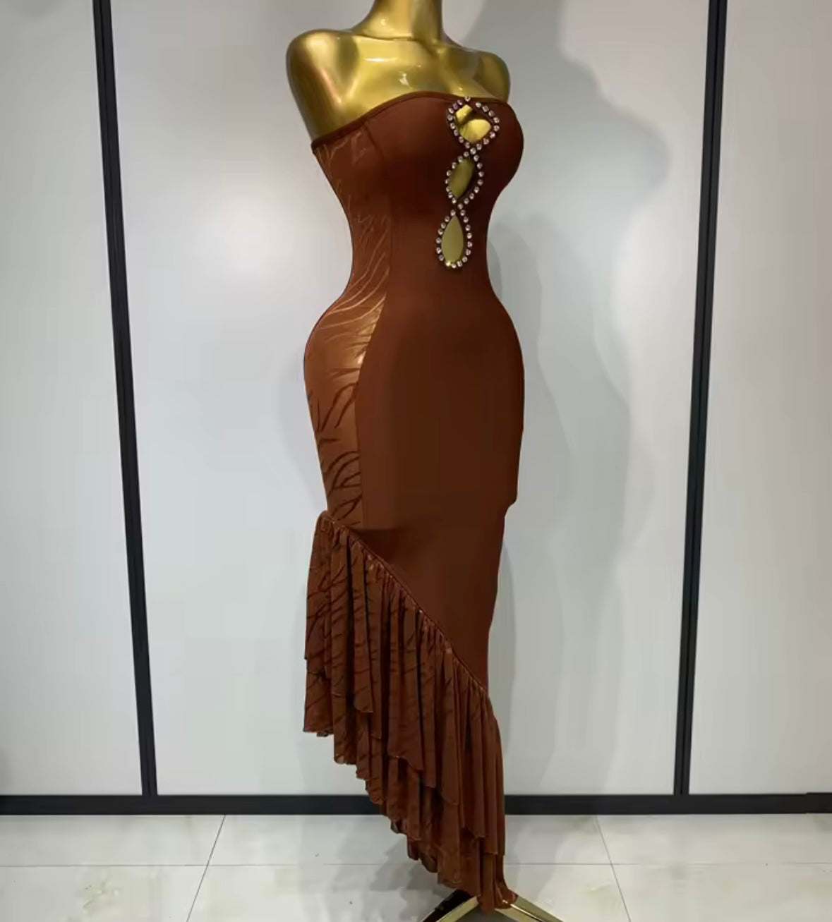 Brown Sexy Strapless Cut Out Rhinestone Ruffle Maxi Dress