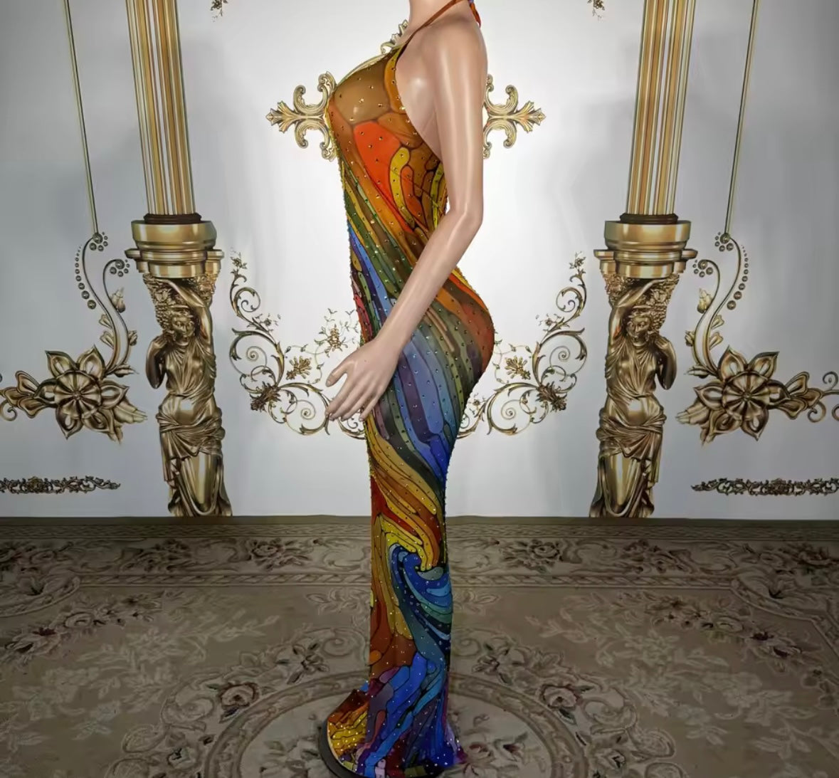 Sexy Halter Sleeveless Multicolor Print Rhinestone Maxi Dress