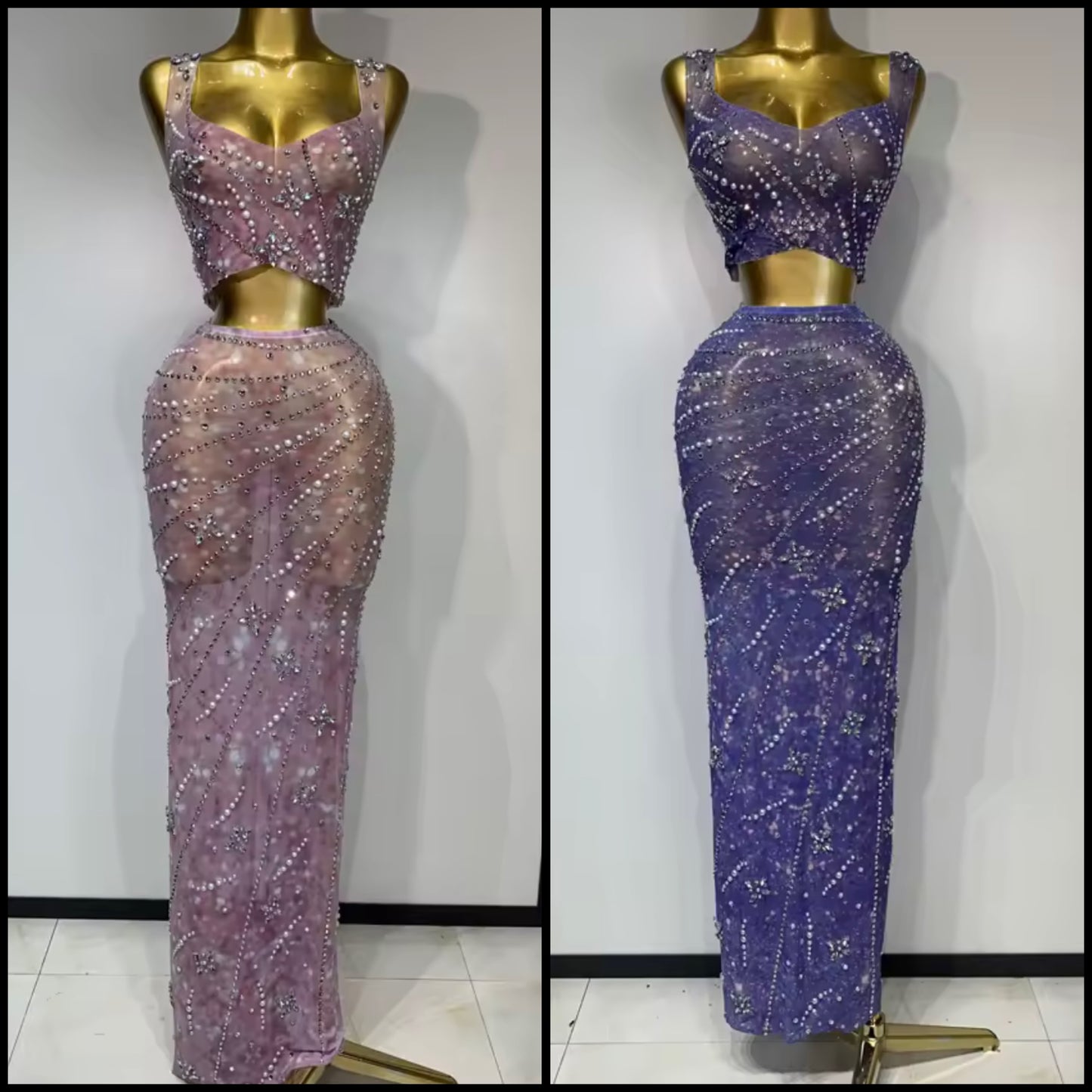 Sexy Sleeveless Rhinestone Beaded Two Piece Maxi Skirt Set