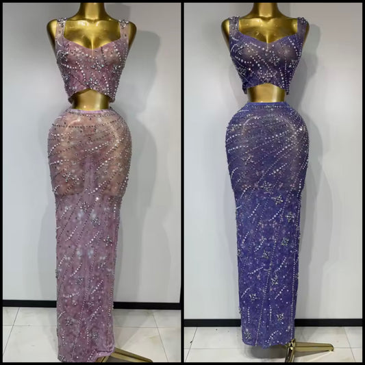 Sexy Sleeveless Rhinestone Beaded Two Piece Maxi Skirt Set