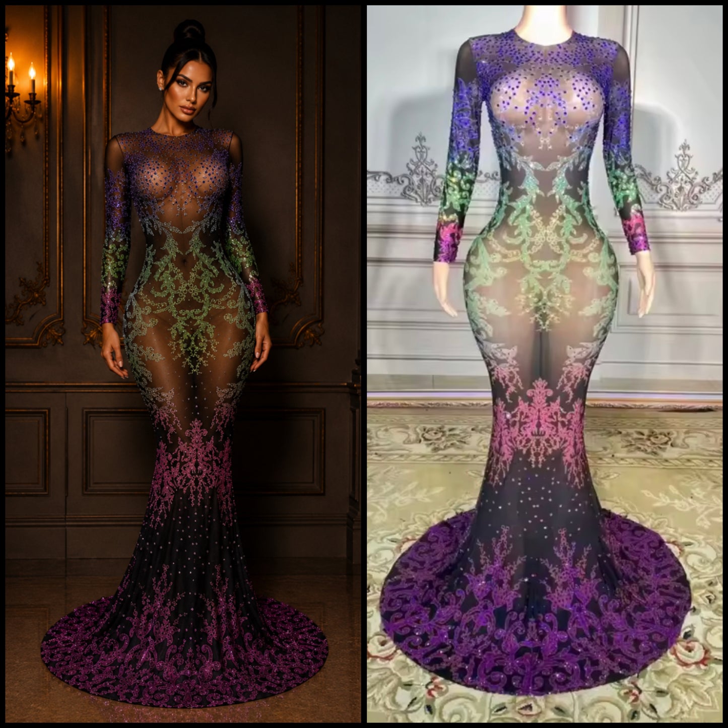 Sexy Colorful Rhinestone Full Sleeve See Through Mermaid Dress