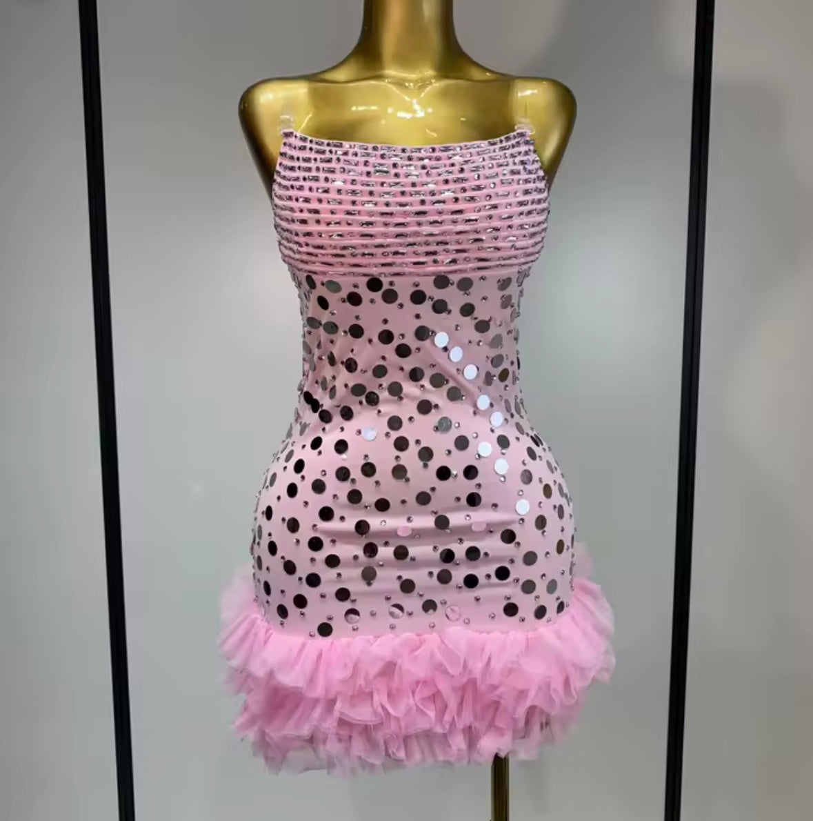 Sexy Pink Sleeveless Sequins Ruffle Dress