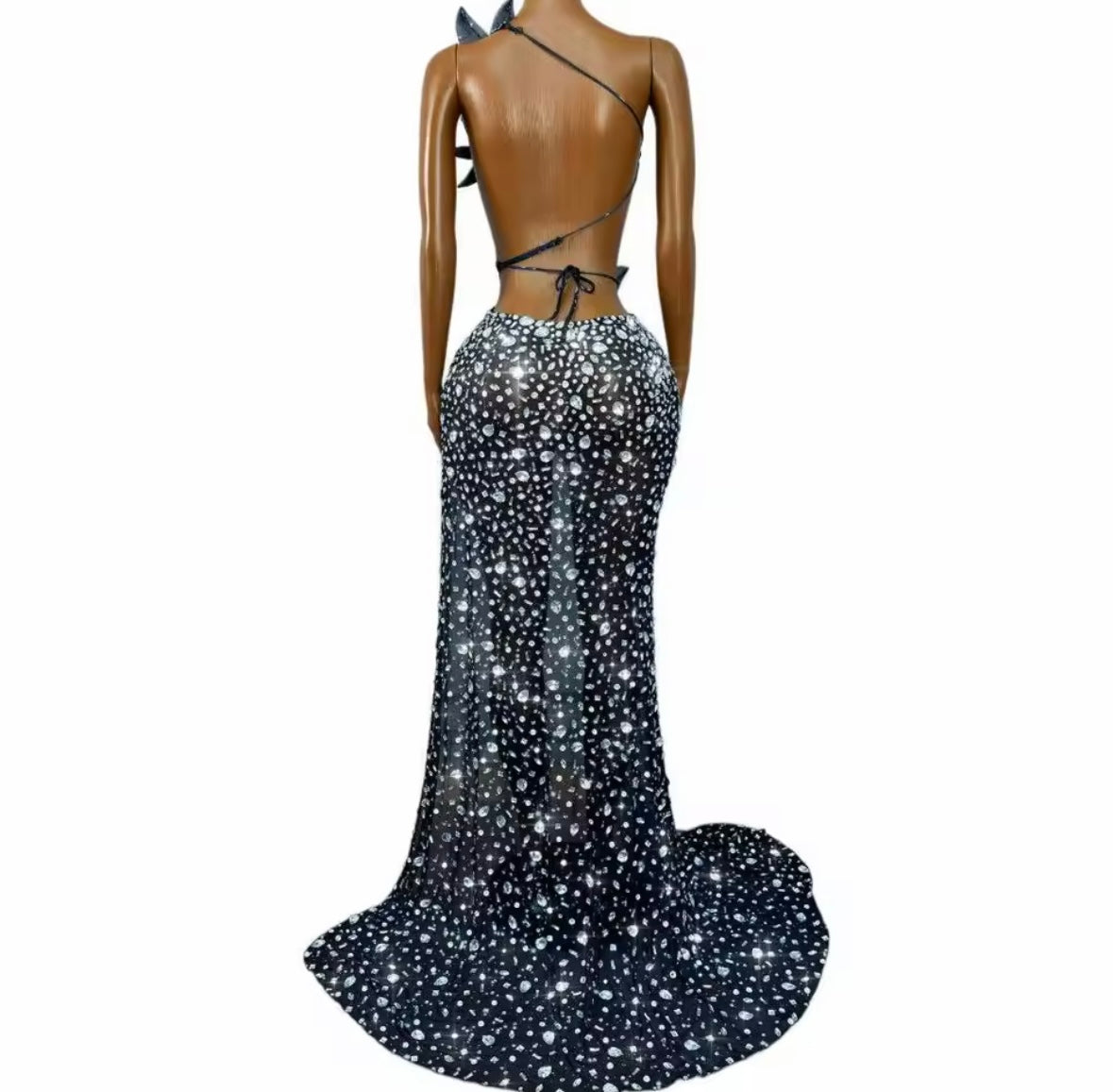 Sexy One Shoulder Sleeveless Floral Rhinestone Side Split Maxi Dress