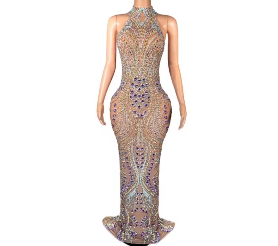 Elegant Beaded Rhinestone Sleeveless Floor-Length Dress