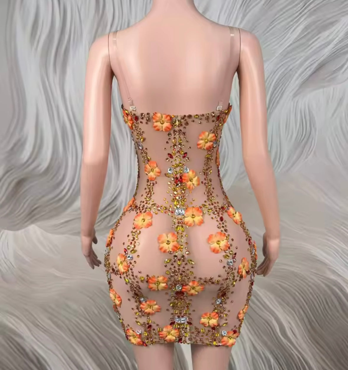 Sexy Sleeveless Rhinestone Orange Floral See Through Dress