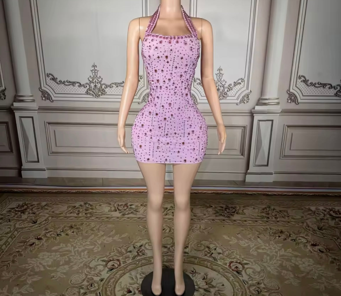 Sexy Pink Halter Sleeveless Crystal Short Dress