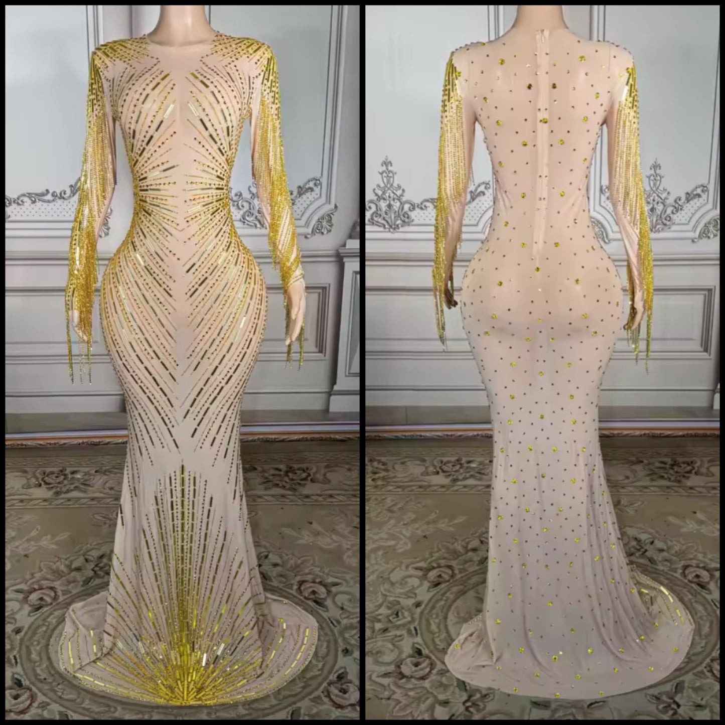 Rhinestone Embellishment Full Sleeve See Through Maxi Dress