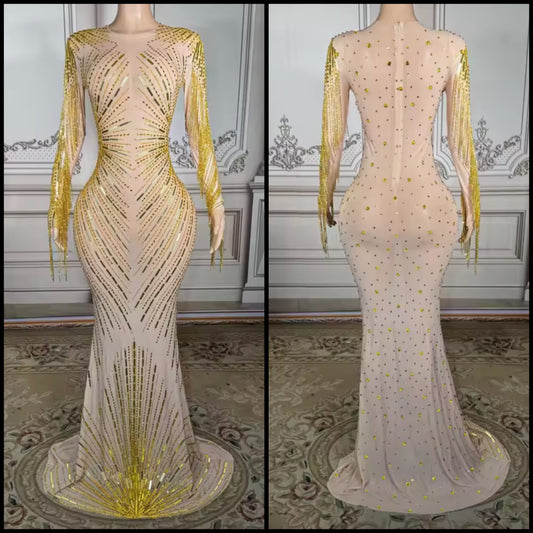 Rhinestone Embellishment Full Sleeve See Through Maxi Dress